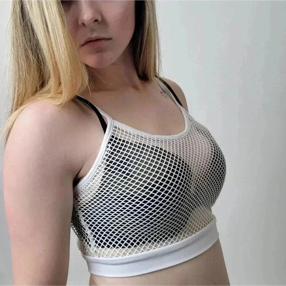 White fishnet crop tank top sheer mesh rave yoga - Picture 4 of 5
